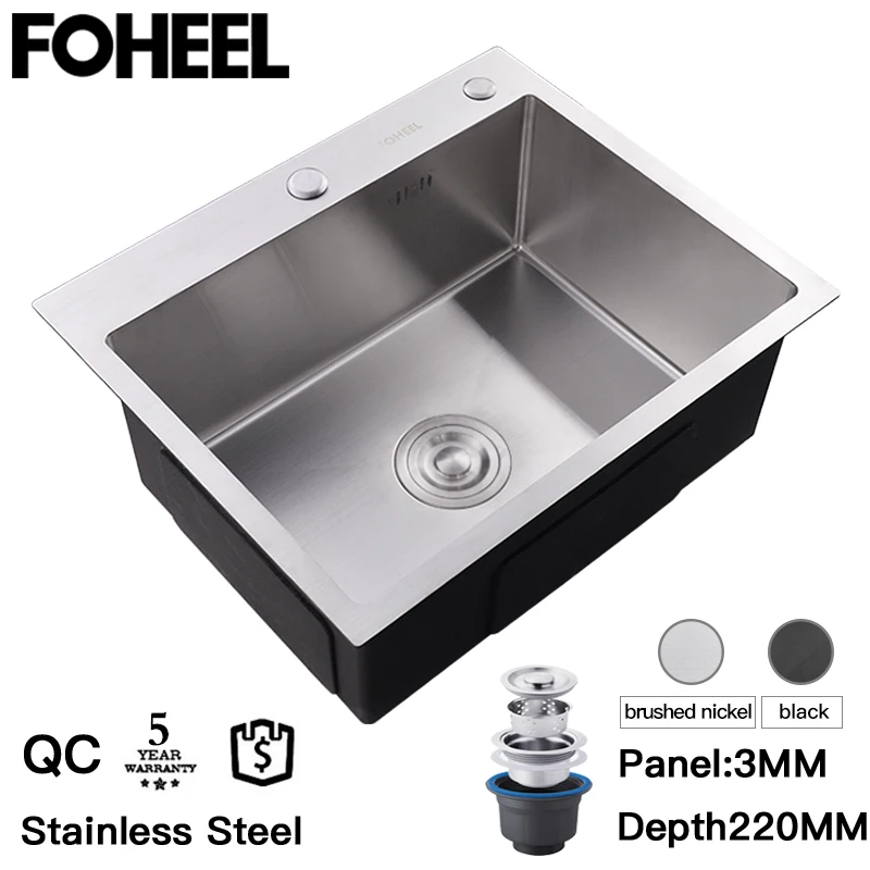 FOHEEL Kitchen Sink Basin Single Kitchen Sink Drain Basket And Drain Pip Rectangular  Stainless Steel