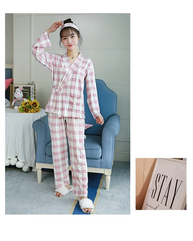 Casual Plaid Kimono Pajamas Sets for Women Spring Autumn Long Sleeve Pyjama Sleepwear Femme Homewear Pijama Mujer Lounge Clothes