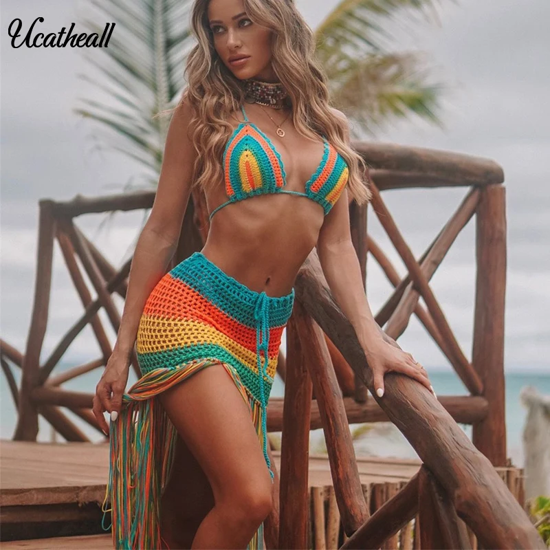 Crochet Knitted Tassel Skirt Set V Neck Bra Top+maxi Summer Fringe Halter Knitting Two Piece Stripe 2 Outfits |