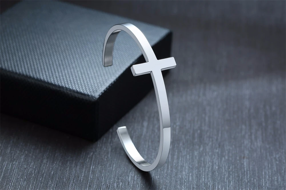 SILVERLY CROSS CUFF BRACELET STAINLESS STEEL SIDEWAYS CROSS BRACELET OPEN CUFF BANGLE FOR MEN UNISEX JEWELRY