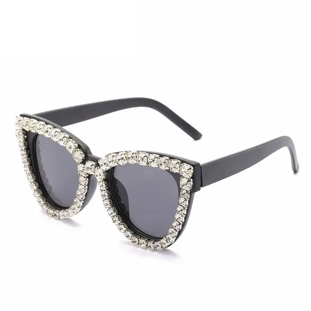 Girl Cat Eye Sunglasses Women Diamond Crystal Sun Glasses UV400 Summer Shades Black White Retro Eyewear Luxury Gafas De White Diamond