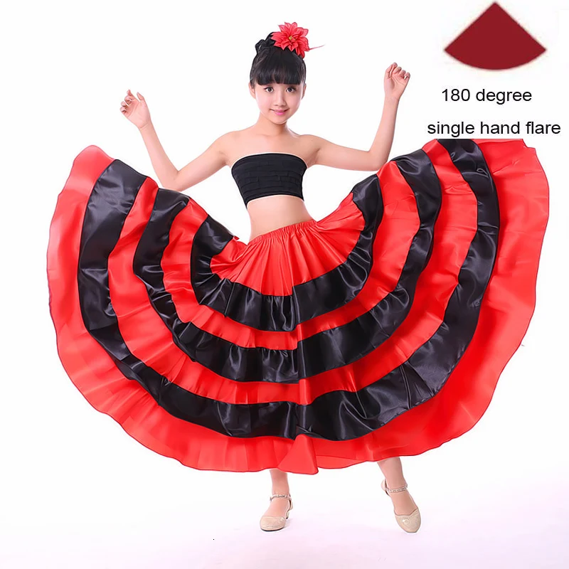 Высококачественная атласная, мягкая, красная, черная, испанское фламенко-юбка для девочек-подростков Полосатое блестящее платье для Бальных и сценических танцев - Цвет: Color4 180degree