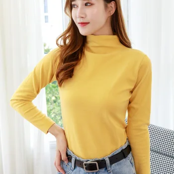 

Spring and autumn new solid color high neck long sleeve T-shirt pure cotton bottoming top women 2020
