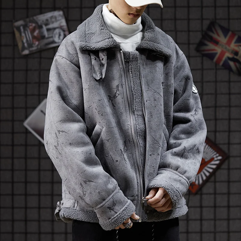 Mens Jacket Coat Casual Full Zipper Faux Leather Suede Warm Lamb Wool Motorcycle Outerwear New Plus Size Bomber Jacket and Coats
