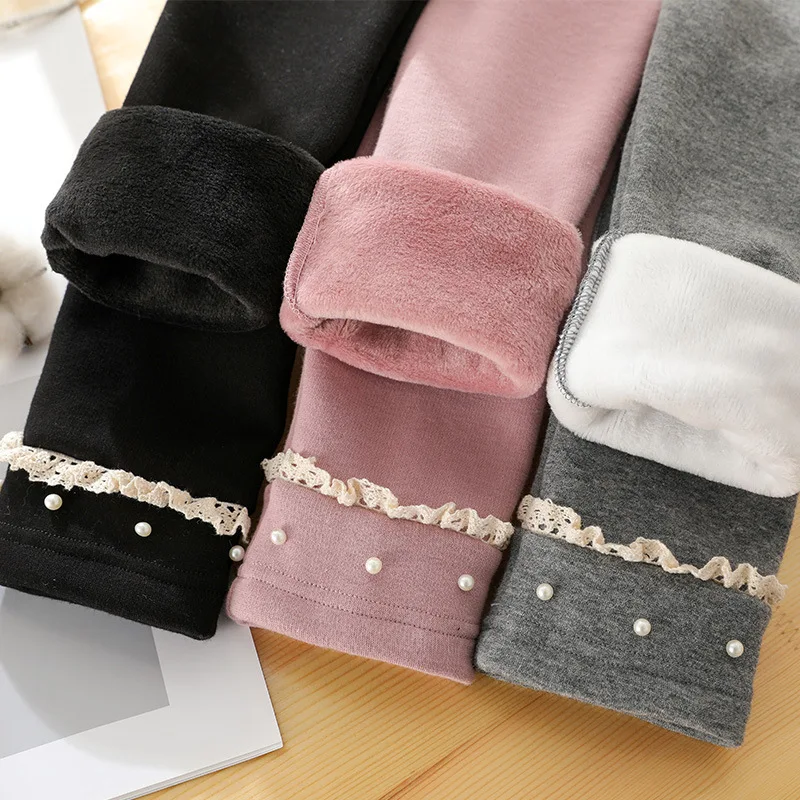 Зимние детские штаны для девочек с жемчугом подкладкой леггинсы верхняя одежда