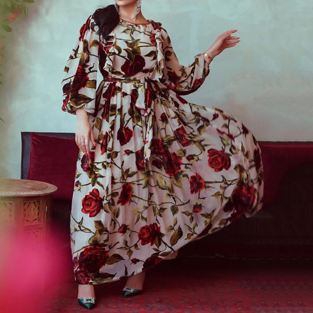 

Bohemia Dress Rose Printing Ruffle Puff Sleeve Round Neck Draw Back Waistband Spring Autumn Long Skirt