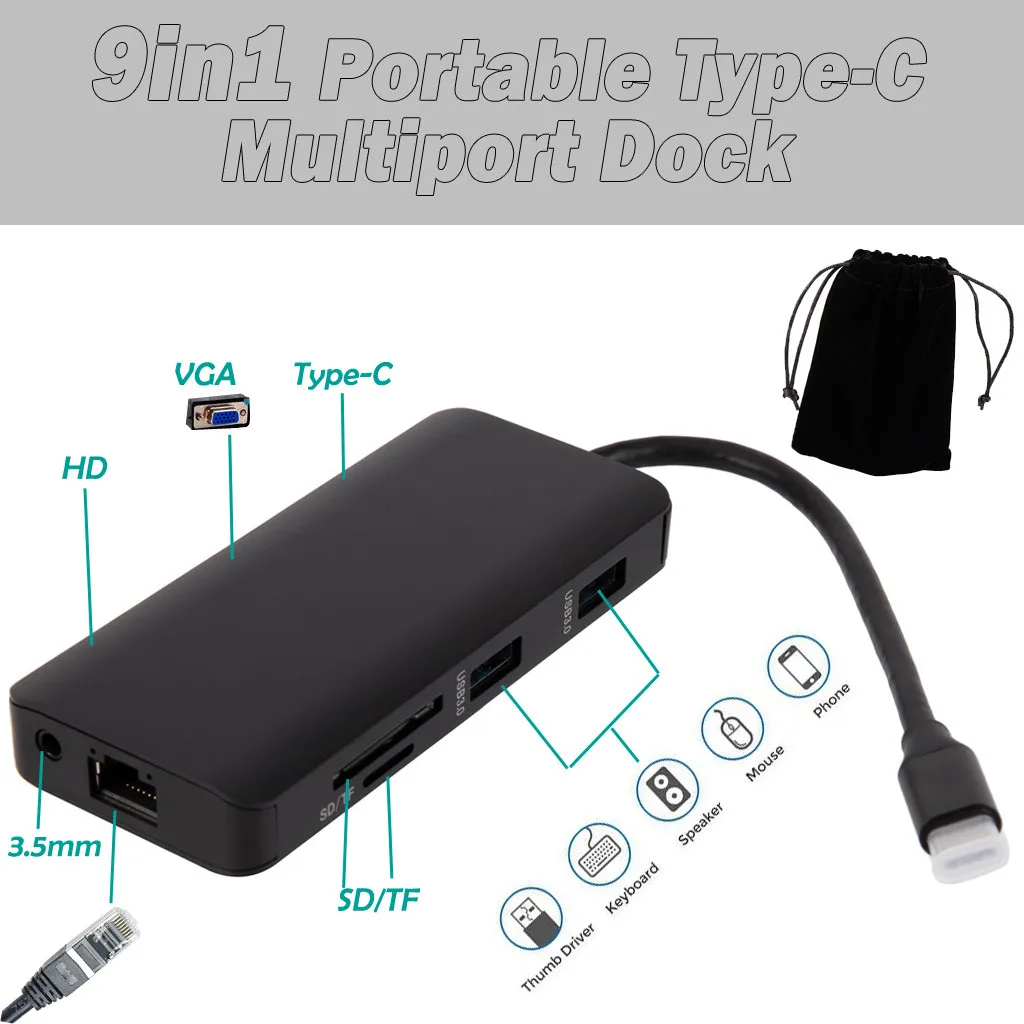 9 в 1 USB Type C концентратор для 4K HDMI многопортовый адаптер док станция с VGA Gigabit Ethernet PD
