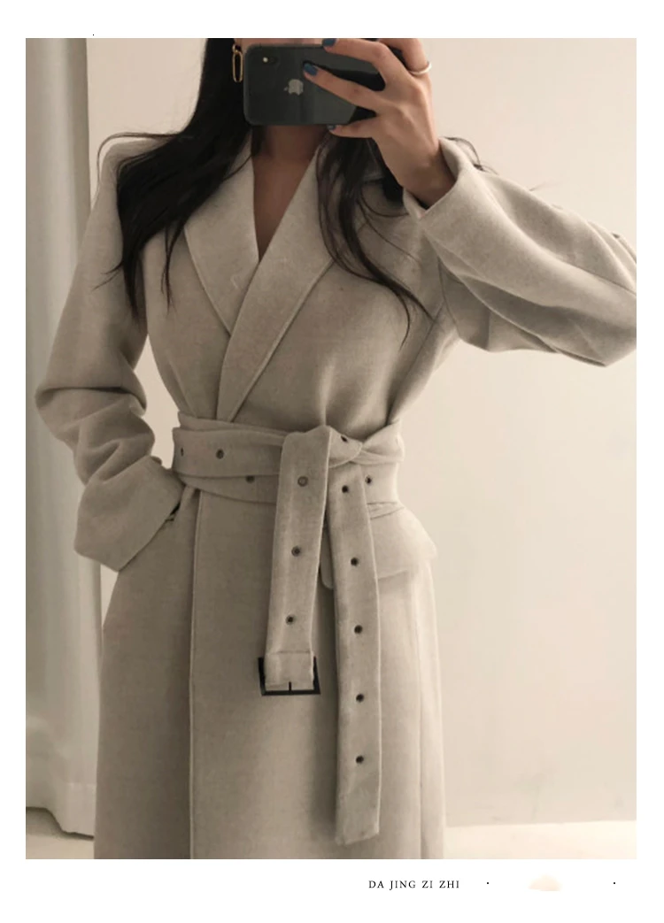qulity High Woman Coats Winter Wool Long Coat With belt Office Lady Fashion lace Up Coats Outerwear