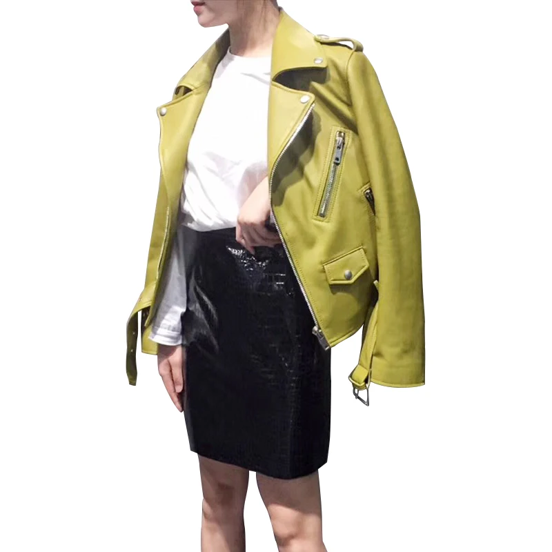 Новые модные женские туфли осенние Карамельный цвет кожаная куртка с застежками-молниями основные овчины пальто с отложным воротником, байкерские куртки, куртка с поясом