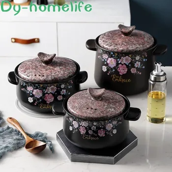 

Ceramic Casserole Multi-size Agate Red Flower Soup Pot Stew Pot Open Flame Heat-resistant Home Kitchen Cooking Supplies