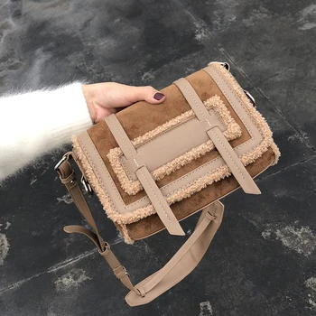 

2019 Winter New Designer Suede Messenger Bags for Women Small Plush Crossbody Bags Camel Shoulder Bag Faux Lambswool Handbag Ins