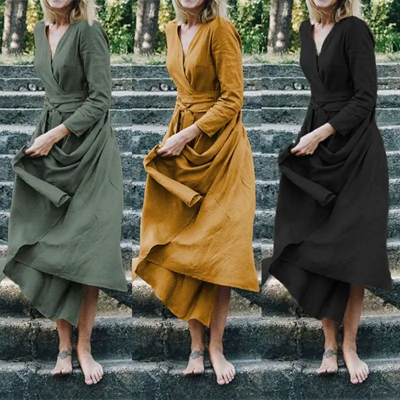 

ZANZEA Plus Size Women's Dress Fashion Ladies Casual Long Sleeve Mid Calf Vestidos Sexy V Neck High Split Robe Female Sundress