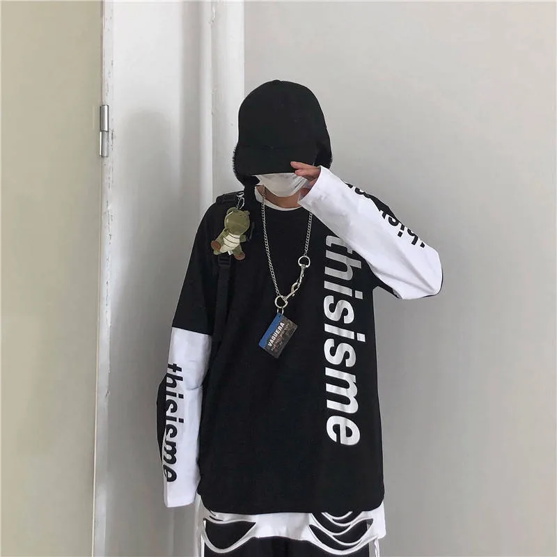 

Hip Hop T-Shirt Mens Spring Autumn Letter Print Splicing Summer Tee Top Fake Two Pieces Long Sleeve Men Punk T Shirt Funny Women