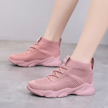 

Women Shoes Sport Running Shoes Brand Sock Sneakers Lace-Up High Top Mesh Breathable Trainers Walking Pink Casual Shoes Woman