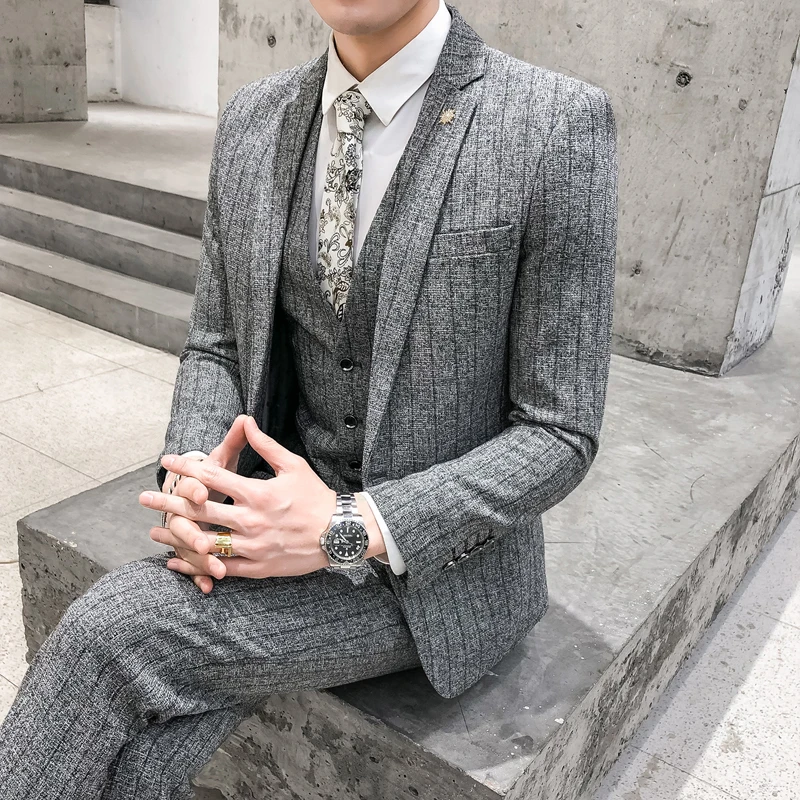 Striped men's suit 3-Pieces Blazers+Pant Fashion Korean Slim Fit Casual men's tuxedo wedding men suits groom suit business