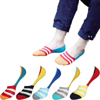 

5 Pairs / Pack Mesh Men's Cotton Invisible Boat Socks Silicone Slip Stripe Stitching Color Shallow Mouth Breathable Socks