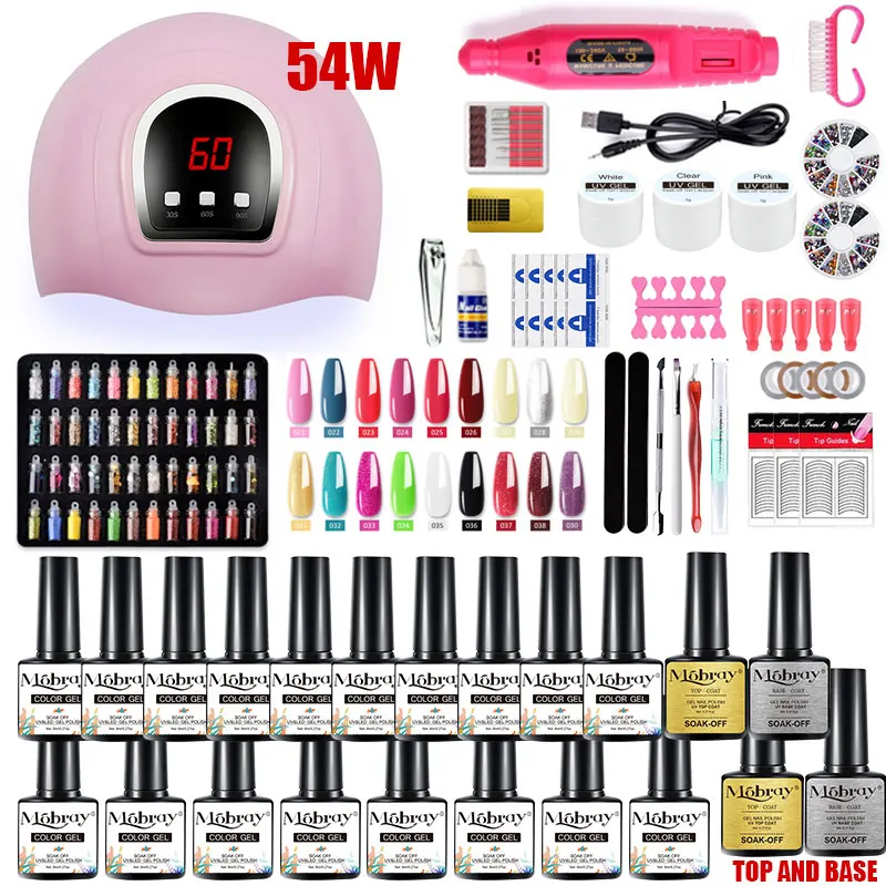 Conjunto de Manicure Conduziu a Lâmpada do Unha Kit com 54w Unha Polonês Secador 20000rpm Broca Máquina Cores Arte Ferramentas Conjunto Gel uv 3 com 54w uv conduziu a lâmpada do