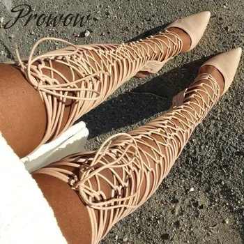 

Prowow Rome Gladiator Lace Up Over The Knee HIgh Thigh High Boots Sexy Pointed Toe Zip Back High Heel Boots Shoes Women