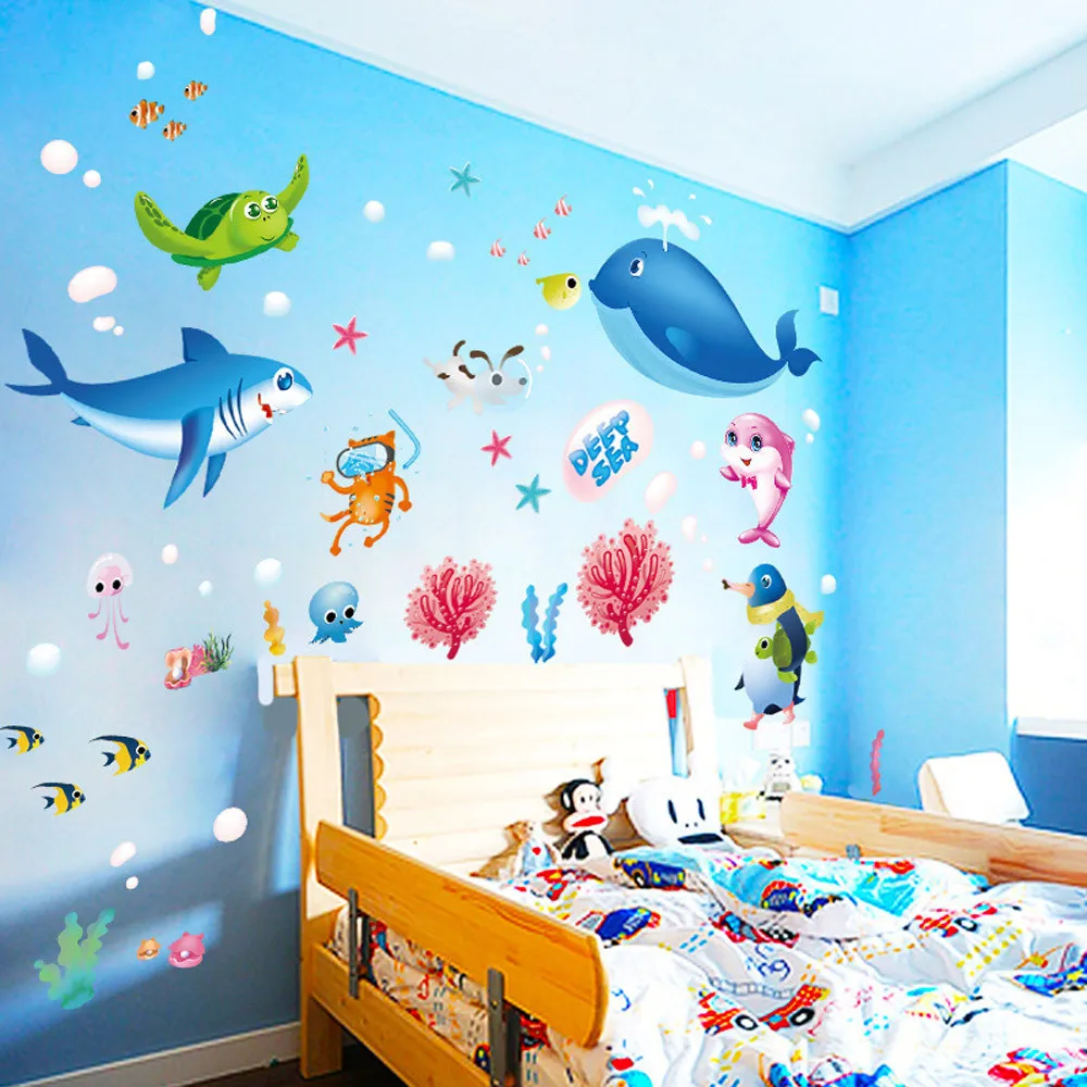 

1PC Colorful Fish Shark Ocean Wall Stickers Vinyl Decal Mural Kid's Room Decor bedroom Wall Sticker Marine theme L*5