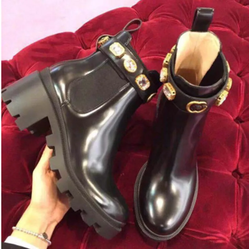 Black Women's Luxury Ankle Boots Women Chelsea Chunky Low Heel Boots Female Platform Shoes Ladies Spring New G Brand Booties