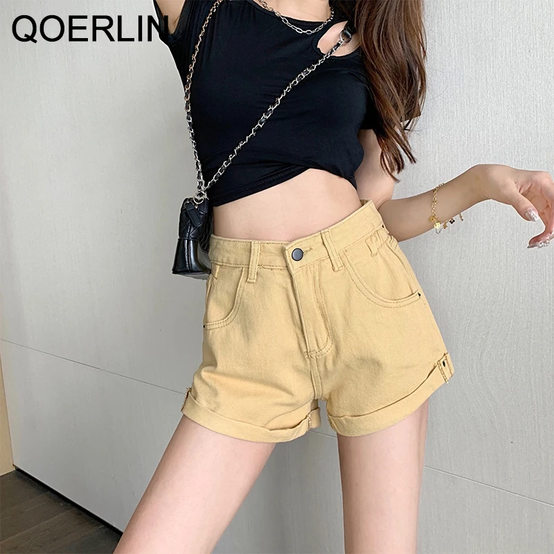 QOERLIN 11 Candy Colors New Summer Women High Waist Button Wig Leg Jeans Shorts Casual Female Loose Fit Blue Denim Shorts Sexy