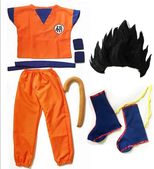Костюм Dragon Ball Z, костюм Сон Гоку, маскарадные костюмы, Топ/штаны/пояс/хвост/корсаж/парик для взрослых детей, 6 размеров, рождественский подарок - Цвет: WU ALL BLACK WIG