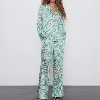 

Wide Women Shirt and Pants Spring 2020 New Fashion Oversized Blouse and Wide Leg Pant House Clothing Set