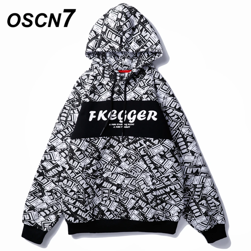 OSCN7 High Street Plus Velvet Warm Print Hoodies Men Winter Japanese Streetwear Oversize Fleece Hooded Sweatshirt Mens 696