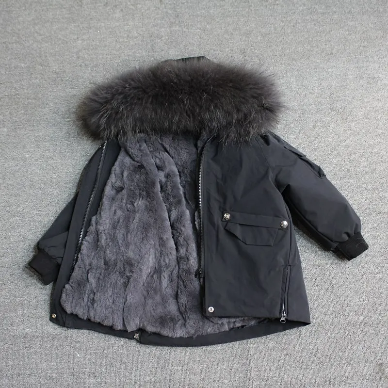 black gray fur Для маленьких мальчиков детская зимняя куртка, детская куртка-пуховик для девочек зимняя куртка для детей в Зимняя куртка для девочек и мальчиков детские линией натурального меха кролика, парка, пальто - Цвет: black gray fur