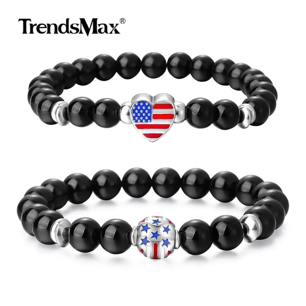 

Black Glass Bead Bracelet Mens Womens Stainless Steel Love USA American Flag Heart Couple Charm Bracelet Stretch 8mm 10mm DBM56