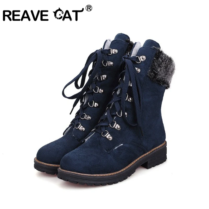 

REAVE CAT Women Midcalf boots M Warm fur Plush Thick platform Cross strap Square heel anti slip Autumn Winter Big size 12 43
