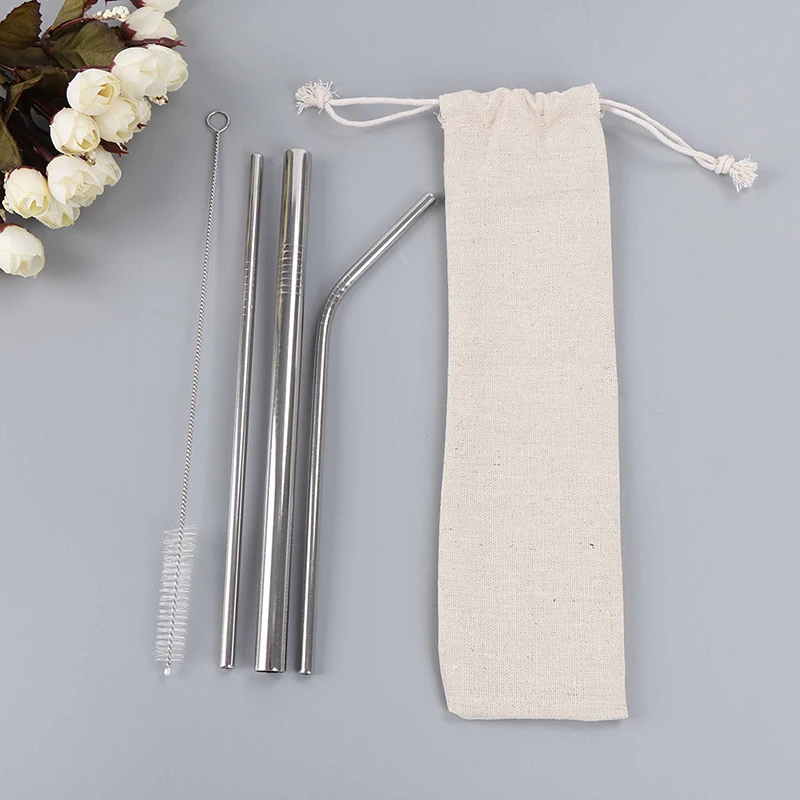 3pcs Stainless Steel Drinking Straws Reusable Metal Straws+1 Pc Cleaner Brush With Pouch Bag