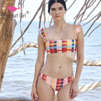 

Pocket Girl 2020 Womens Bikini Set Plaid Bandage Push-Up Padded Swimwear Swimsuit Bathing Brazilian Monokini Low Waist Beachwear