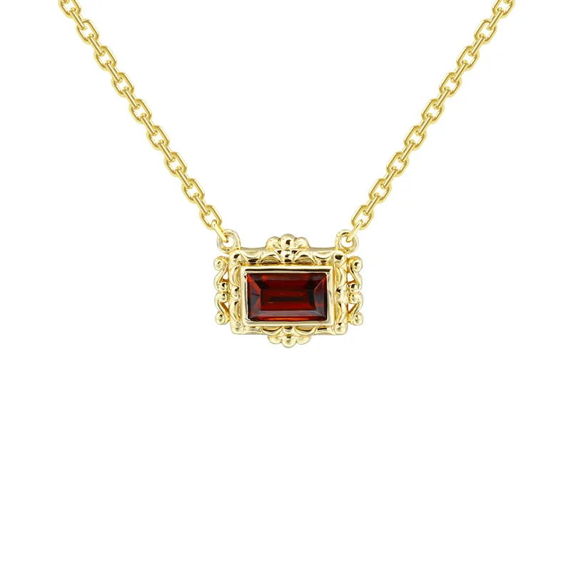 

Dun li Jewelry S925 Silver Retro Palace Style Geometric Rectangular Red Pomegranate Necklace Women's Elegant Gold Plated Decorat