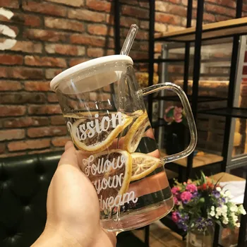 

Brief Letter Milk Glass Cup Resistant High Temperature with Handle Cold Drink Cup Large Capacity Office Cup with Straw for Adult