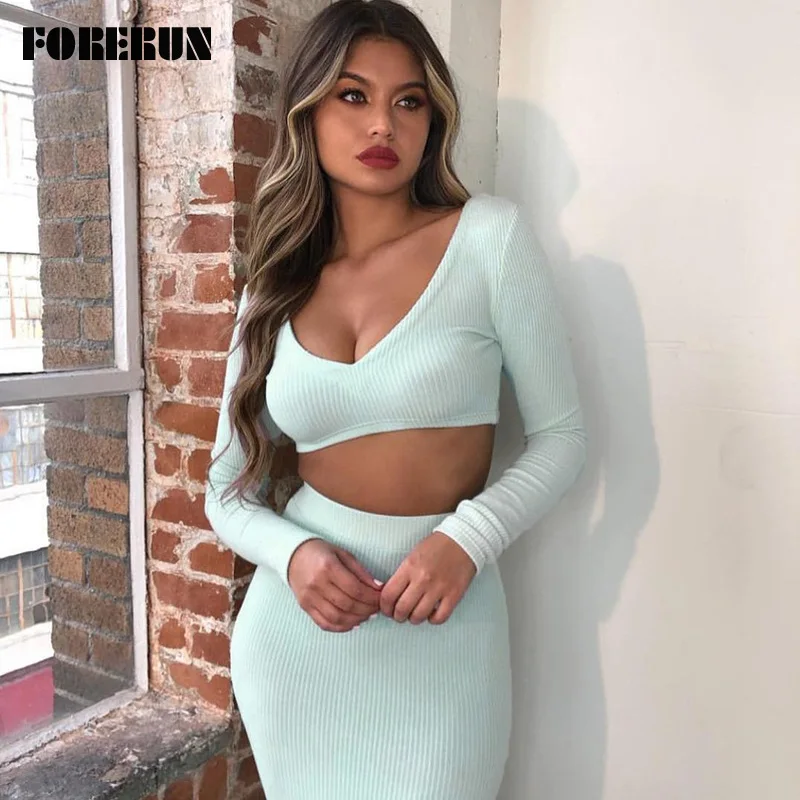 

FORERUN Ribbed Skirt Set Long Sleeve Deep V-neck Crop Top and Long Skirt 2 Piece Set Women Autumn Winter Matching Sets Mujer
