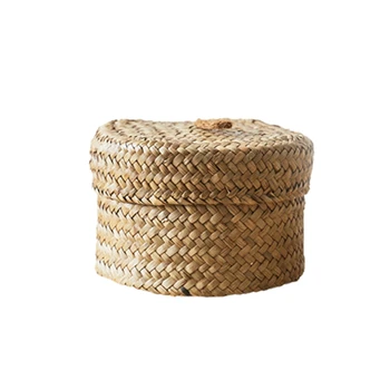 

Seaweed Snack Storage Box Handmade Finishing Box with Lid - Woven Wardrobe Desktop Storage Basket Home Round Gift Box(Yellow )