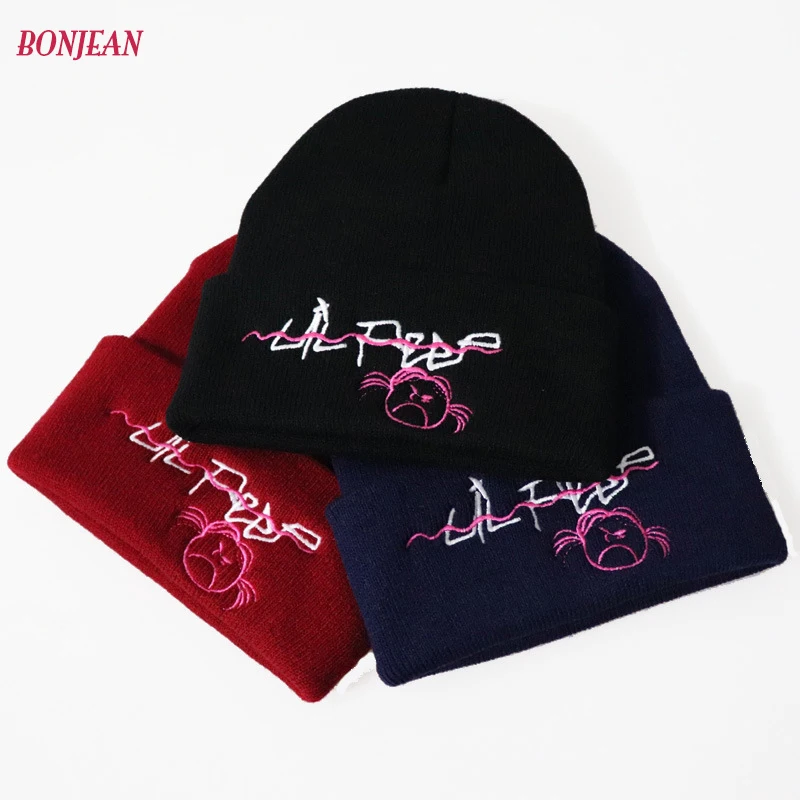 

LIL PEEP Embroidery Billie Eilish Beanie Hat Women Knitted Warm Winter Hats For Women Men Solid Hip-hop Casual Cuffed Beanie