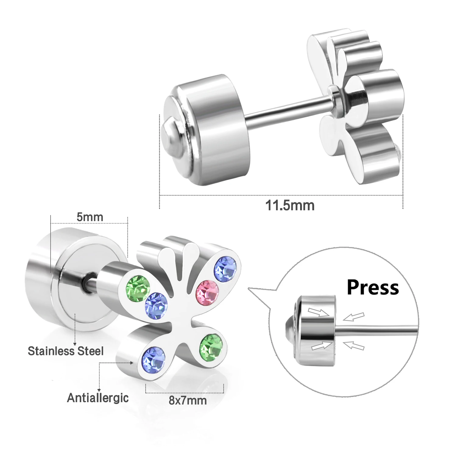 LUXUSTEEL Butterfly Star Heart Earrings Cute Colorful CZ Earrings For Baby Girl Surgical Steel Earring Brinco Small Earrings