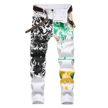 

Men's White Print Jeans Fashion High Stetch Cotton Colored drawing Slim Fit pants men's leisure trousers size 28-42