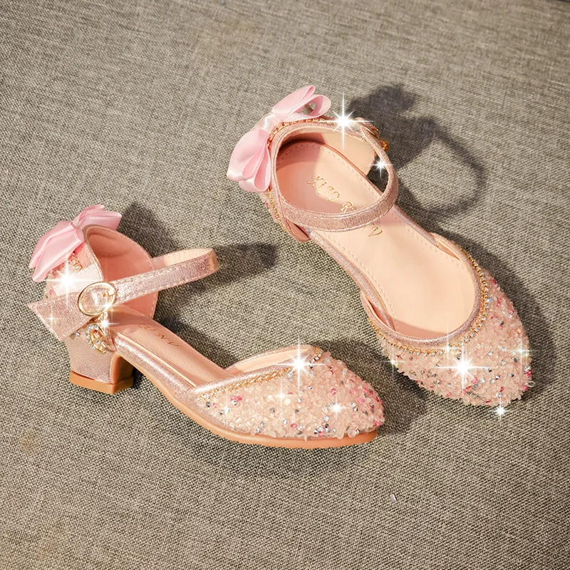 

Children Bowtie Princess Sandals Rhinestone Sequins Girls Kids Leather Soft Bottom Beach Shoes 3 4 5 6 7 8 9 10 11 Years
