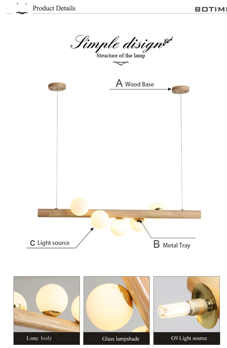 BOTIMI обеденный светодиодный подвесной светильник для гостиной, стеклянный шар, деревянная Подвесная лампа, длинный стол, подвесной светильник в стиле лофт, светильники
