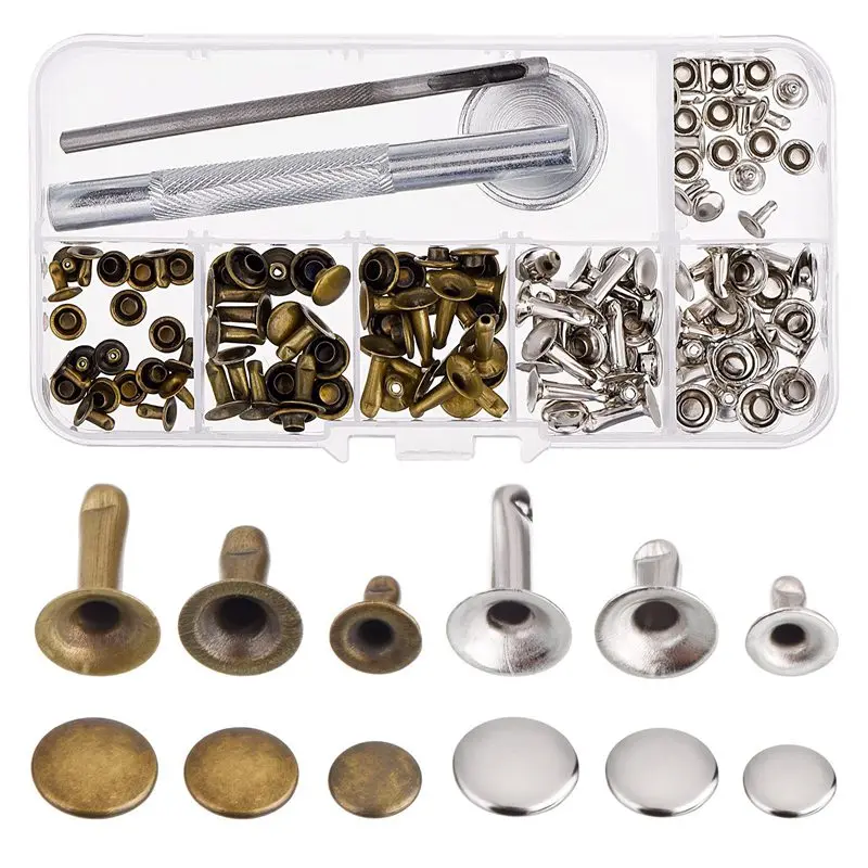 

Hot Rivets Single Cap Rivet Tubular Metal Studs with Fixing Tool Kit for Leather Craft Repairs Decoration, 3 Sizes, 60 Set (Mult