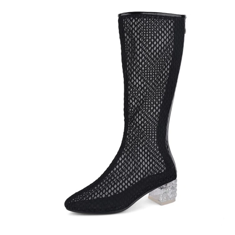 

Женские Ботильоны на каблуке с кристаллами, удобные дышащие сетчатые ботинки с застежкой-молнией, большой размер 34-50, обувь для весны и лета