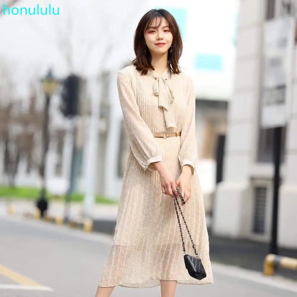 

Honululu Chiffon dress women 2020 summer new elegant silk led printing long belt slim dress temperament Joker still