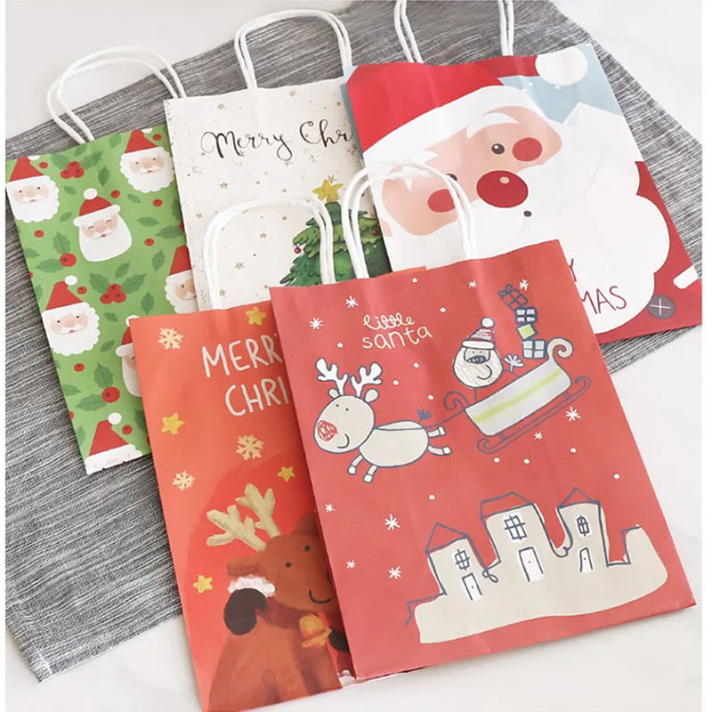 10pcs Christmas Paper Gift Bags Cute Shopping Bags With Handle Xmas Elk Snowflake Cookie Biscuit Candy Gift Packaging Bags