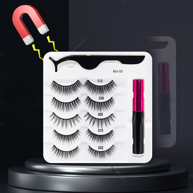 3/5/7Pairs Magnetic Eyelashes False Lashes Repeated Use Eyelashes Waterproof Liquid Eyeliner With Tweezer Makeup Set