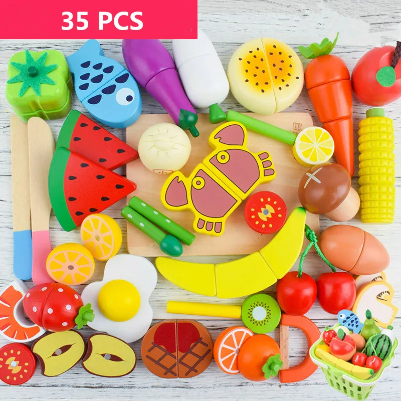 Wooden Food Kitchen Toys Cut vegetables Fruits And Vegetables With Magnet Toys Breakfast Children's Educational Toys Gifts - Цвет: 35 pcs