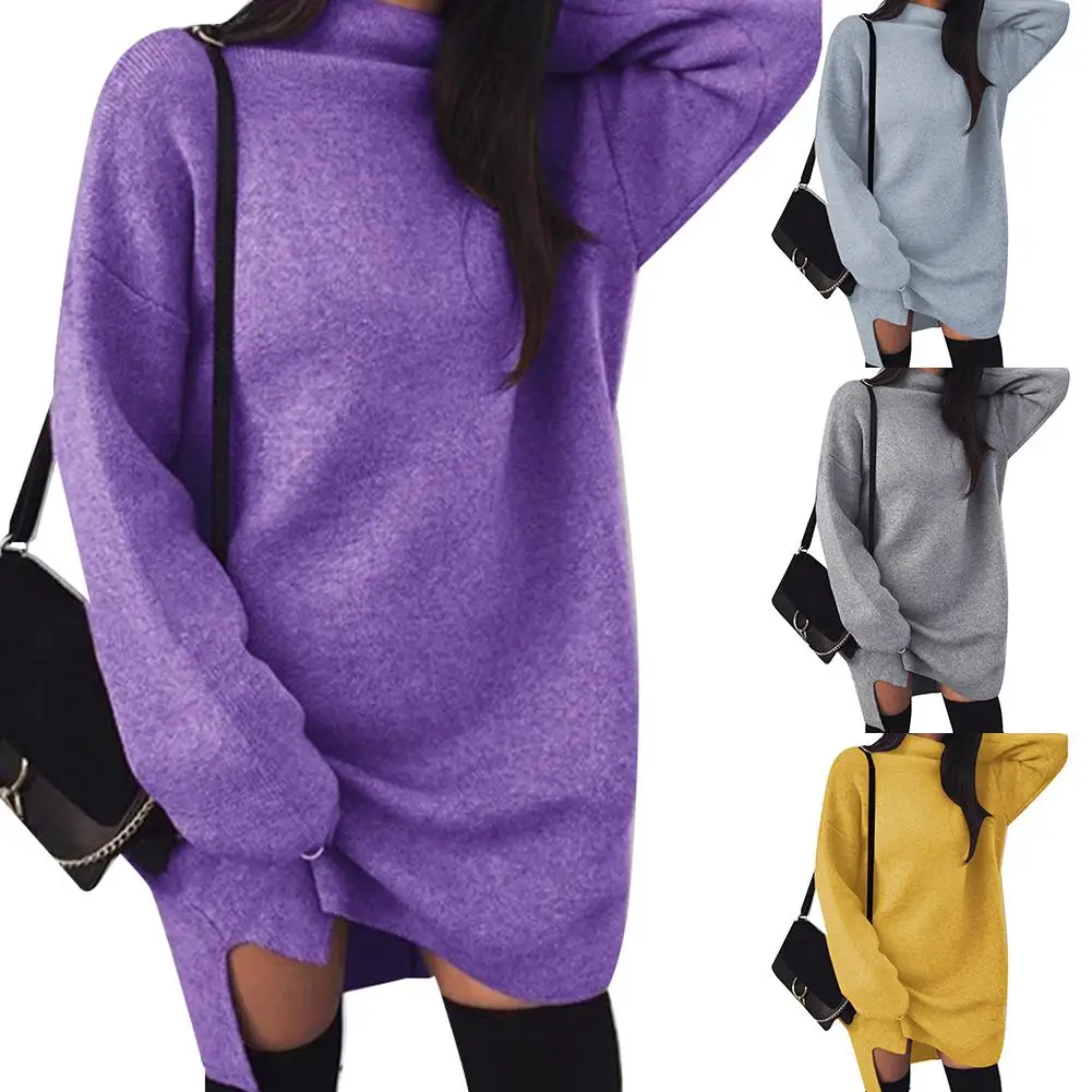 

Casual Women Autumn Solid Color Turtle Neck Loose Plus Size Knitted Dress