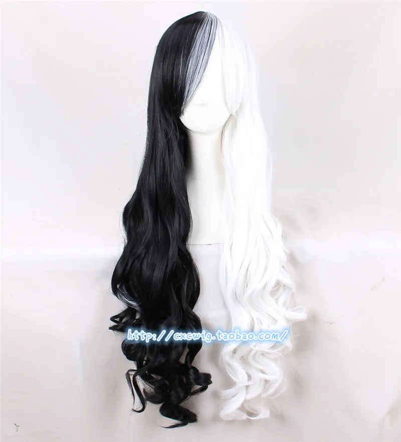 

New 101 Dalmatians Cruella Devil Cosplay Wig 75cm Half Black and White Long Wavy Synthetic Wigs + Wig Cap